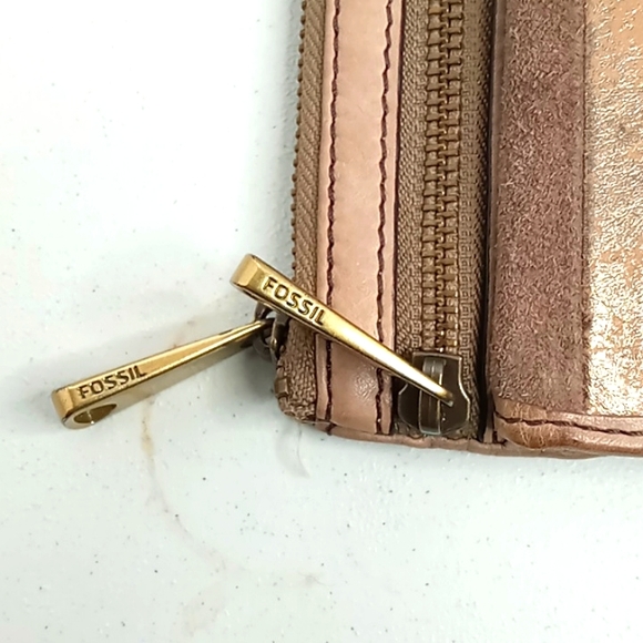 Fossil-Sydney -Striped Patchwork Clutch/Wallet /Fold-over Flap-Tan Taupe Leather - Picture 9 of 14